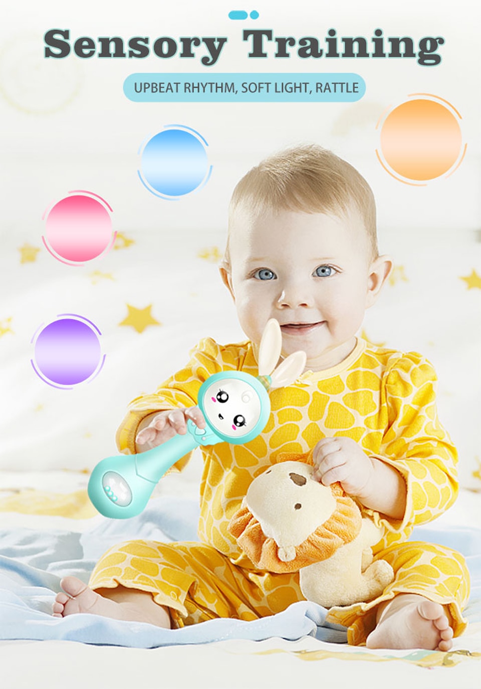 MKTOYS Rattles Baby Toys 0-12 Months Newborn Infant Gift Early Development Hand Shaking Musical Bunny Toys with Light Teethers